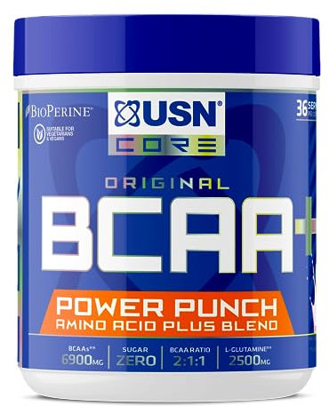 USN Power Punch BCAA Amino Acids Powder, Watermelon Flavour - 400g, Vegan BCAA Powder, Vitamin B6 & No Sugar, Pre Workout or Intra Workout Energy Drink Mix & Dietary Supplement to Maximise Performance
