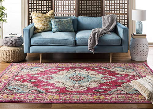 SAFAVIEH Boho Teppich für Wohnzimmer, Esszimmer, Schlafzimmer - Monaco Collection, Kurzer Flor, Pink und Multi, 155 X 231 cm