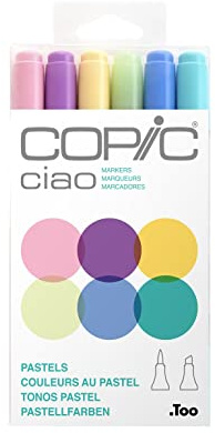 Copic Ciao färgad markörpenna – set med 6 pasteller, för konst och hantverk, färgning, grafik, highlighter, design, anime, professionella och nybörjare, konsttillbehör och målarböcker