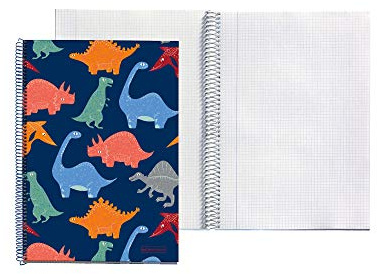 Miquelrius Cahier scolaire, 80 feuilles de 90 g/m², quadrillage de 4 mm avec marge, format folio, couverture en carton plastifié, motif dinosaures