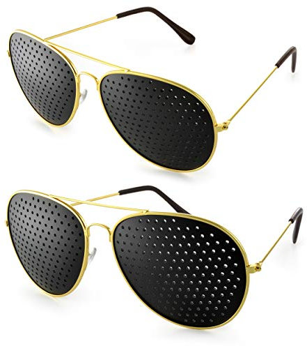 Ganzoo © Rasterbrille 2 Stück im stylischen „Pilotendesign“, Lochbrille für Augentraining zur Entspannung und Training, Gitterbrille mit faltbaren Bügeln, Form E, Farbe: gold/schwarz
