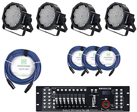 Komplettes Showlite Lichtset: 4x FLP-144 + DMX-Controller Master Pro USB + Kabel (144 x 10mm LED, RGB-Farbmischung, 15 Watt, 90-240V - 50/60Hz)