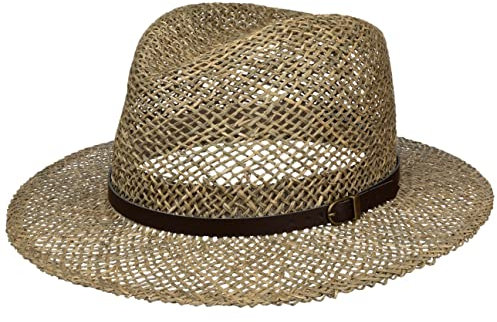 Lipodo Farmer Strohhut Herren - Sonnenhut aus 100% Stroh - Hut in L (58-59 cm) - Made in Italy - Sommerhut mit braunem Lederband - Strandhut in Naturfarben