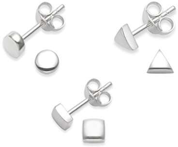 Heather Needham SET of 3 pairs Sterling Silver Earrings - Square, Triangle & Round stud earrings - Size: 4mm - Premium quality 2mm deep. Gift boxed 5337/3/5