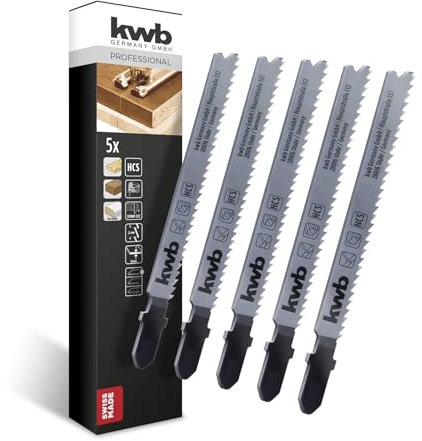 kwb Stichsägeblätter für Holz aus flexiblem HCS-Stahl mit Einnockenschaft (T-Schaft), optimaler Sägemehltransport, langanhaltende Schärfe, entgegengesetzte Zahnform, polierte Oberfläche, Feinschnitt