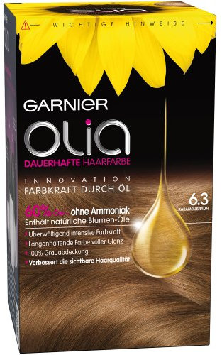 Garnier Olia 6.3 Karamellbraun Dauerhafte Haarfarbe ohne Ammoniak mit pflegenden, natürlichen Ölen, Vollständige Grauhaarabdeckung, Permanente Coloration, 1 Stück