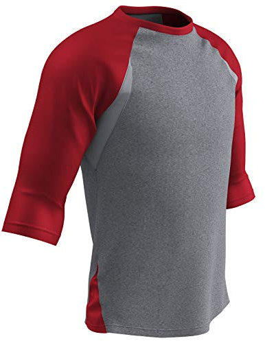 CHAMPRO Standard Extra Innings 3/4 Men's Baseball Shirt, Grey, Scarlet Sleeve, Adult Small
