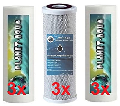 Planet-Aqua Ersatzfilter Set 9 Fiter Patronen für die 3-4 stufige Umkehrosmose Osmoseanlage Wasserfilter Sediment und Aktivkohle Block Kartuschen 10 Zoll für Wasser Trinkwasser Osmose