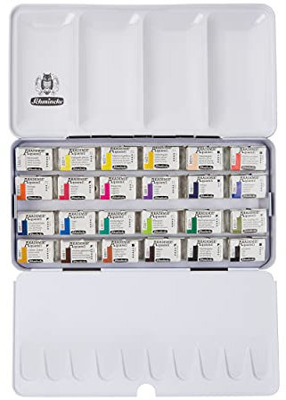 Schmincke – Akademie Aquarell Farbkasten, Vollsortiment 24 x 1/1 Näpfchen, 75 425 097, Metallkasten, hoch lichtechte Farbtöne, feine Künstler-Aquarellfarben