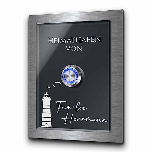 Klingelschild aus Acrylglas und Edelstahl - Türklingel Modell Herrmann 9x12 cm | gravierte Klingel mit Motiv und Wunschtext - Optional mit beleuchtetem Klingelknopf