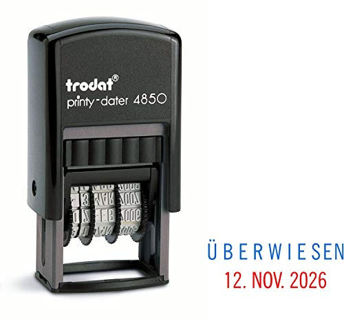 Trodat Printy Dater 4850 Datumstempel mit 2farbigem Kissen blau/rot + Wunschtext, Stempeltext:Ü B E R W I E S E N
