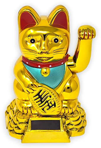 Starlet24® Winkende Glückskatze Winkekatze Lucky Cat Maneki-Neko Winkende Japanische Maneki-Neko (Gold mit Solarzellen, 15cm)