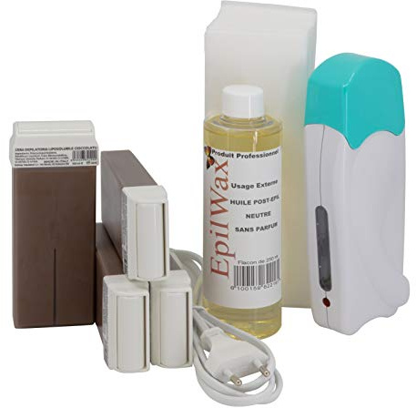 Epilwax Completa Kit Depilazione con Cera de chocolate - Incluye 4 Cartuchos de Cera Roll On Recambiables, Calentador De Cera Roll On, 100 Tiras y Aceite de Depilación
