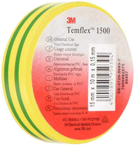3 M TGG1510 Temflex 1500 Vinyl Electrical Insulation Tape, 15 mm x 10 m Self Adhesive Disk Wallet Yellow/Green