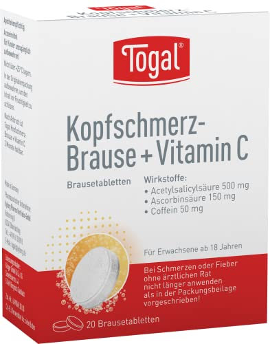 Togal Kopfschmerz-Brause + Vitamin C zur Behandlung bei leichten bis mäßig starken Schmerzen, schnelle Schmerzlinderung, mit Wirkverstärker Coffein und Vitamin C, 20 Stück Brausetabletten