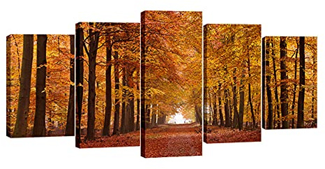 Wieco Art Autumn Forest Modern Giclee Canvas Prints Landscape Artwork 5 Panels Canvas Wall Art for Home and office Decorations