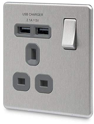 BG Electrical fbs21u2g 2.1 A Masterplug Single Socket with 2 x USB, Brushed Steel Grey Insert