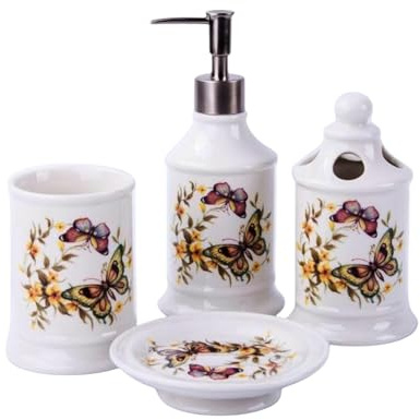 Landhaus Vintage Keramik Badset (Schmetterlinge) Badezimmerset Badezimmer Badeset Set Bad Zubehör, Seifenspender, Zahnbürstenhalter, Seifenschale, Zahnputzbecher Badgarnitur Garnitur (4er Set)