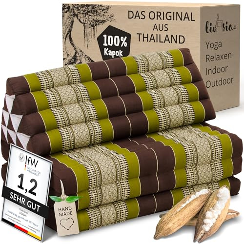 livasia Thaikissen 3 Auflagen für Paare XXL - 190x80x8cm - Dreieckskissen Klappmatratze, extrabreit Kapok, Rückenkissen faltbar, Thaimatte zum Klappen, Meditationskissen (Braun/Grün)