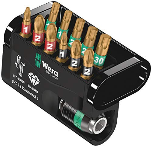 Wera Bit Check 12 Diamond 1 Anti Cam-out BiTorsion Long Life bit set for drill/drivers PZ,PH,TX 12 piece, 05057421001