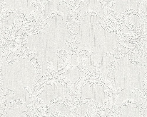 A.S. Création Architects Paper Textiltapete Tessuto 2 Tapete mit Ornamenten barock 10,05 m x 0,53 m grau weiß Made in Germany 961961 96196-1