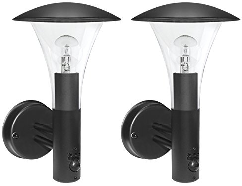 Long Life Lamp Company 2 x Outdoor Garden Black Stainless Steel PIR Wall Light Lantern IP44 ZLC050 Outdoor Security Light Motion Sensor Movement Detector