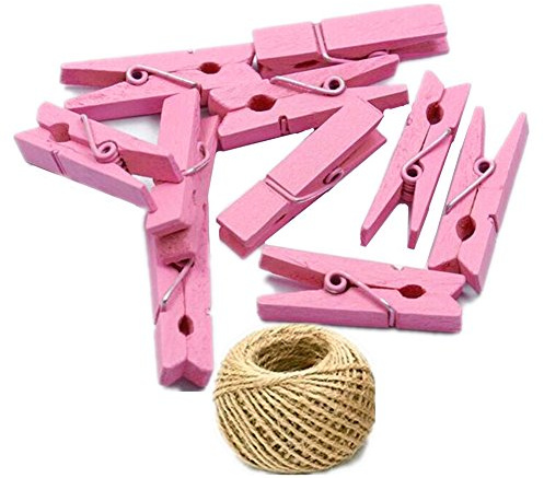 100 Colored Wooden Mini Pegs Clothespins Craft Photo Clips with 20 meters Jute Twine for Craft Rustic Decoration (Pink)