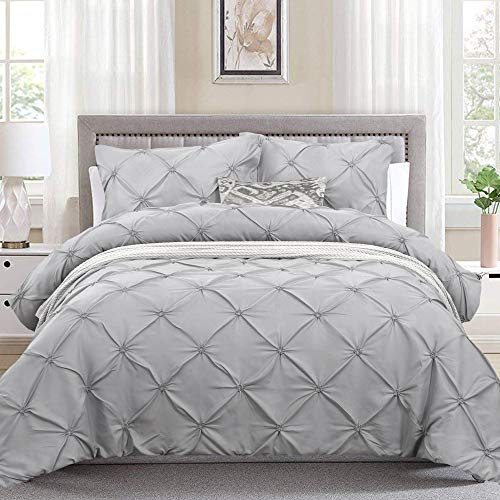 Grey Duvet Cover Double Size Pintuck Quilt Cover Soft Microfiber Bedding Set with Zipper Closure (3 Pieces, 230x220cm)