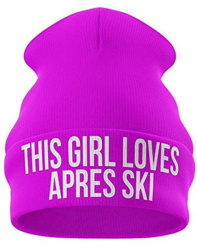 Purple Print House Skiing Gifts - This Girl Loves Apres Ski - Beanie Hat Skiing Accessories Winter Hat Ski Hat - Mens Gifts (Bright Pink)