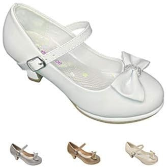 Gwen & Zoe Girl White Dress Shoes for Weddings and Parties - Big and Little Girl 2 Inch High Heel with Sparkle and Strap for First Communion, Flower Girl (Size 3, White)