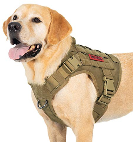 OneTigris Hundsele, FIRE Watcher taktisk sele MOLLE säkerhetssele service hundväst med 1 handtag och 2 nr pull D-ring 1000D nylon (L, brun)