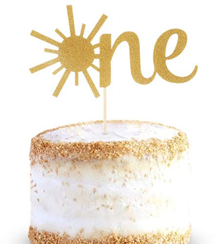 Décoration de gâteau pour 1er anniversaire de bébé – Doré pailleté soleil premier anniversaire de fête d'anniversaire – Décoration de gâteau d'anniversaire simple face soleil One Birthday