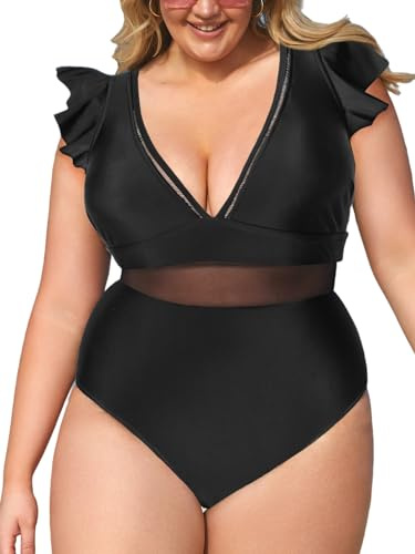 CUPSHE Damen Große Größen Badeanzug V Ausschnitt Volantsärmel Mesh Sheer Einteilige Plus Size Bademode Swimsuit Schwarz XXXL