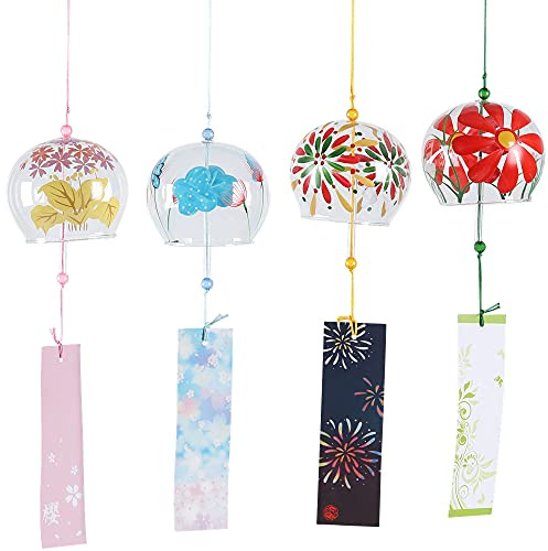 Falytemow Japanische Windglocken Romantische Blumen Kleine Windglocken Handgefertigtes Glas Japanischer Stil Anhänger (Gelbe Blume, Chrysantheme, Schmetterlinge, Feuerwerk, 8 cm)