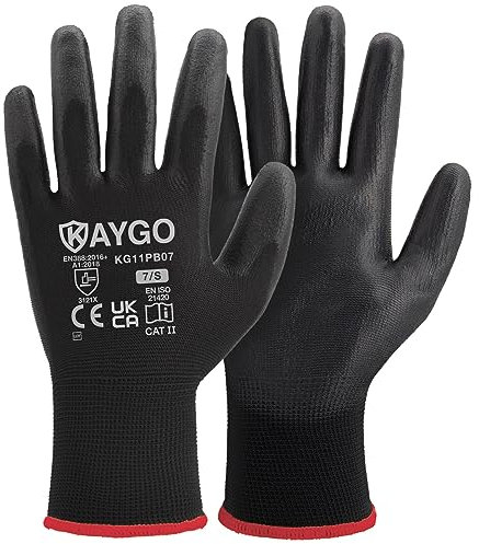 KAYGO 12 pares de guantes de trabajo para hombres y mujeres, guantes de protección recubiertos de PU, agarre antideslizante en palmas y dedos, adecuados para trabajos generales (Negro, talla 7)