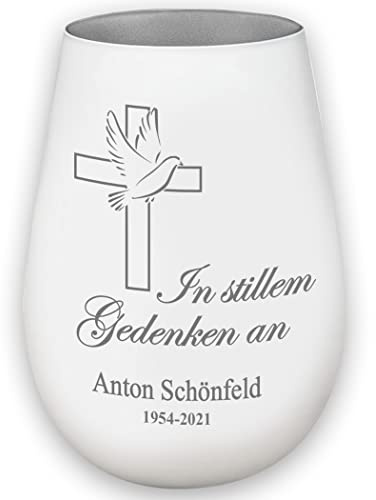 Trauerlicht - In stillem Gedenken an - weiß/Silber - Gravur Namen und Datum - Gedenklicht Erinnerungslicht Grablicht Trauergeschenk