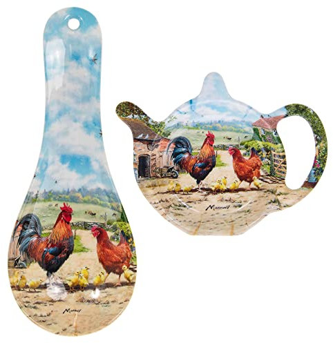 2 Piece Melamine Plastic Teabag Tidy and Spoon Rest Set - Country Farmhouse Chickens design