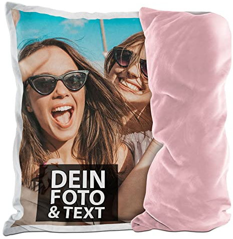 Print Royal Flauschigen Fotokissenbezug selbst gestalten - Kissenbezug personalisierbar mit Foto und Wunschtext, Geschenk zum Geburtstag | 40 x 40 cm - flauschig - Rückseite Rosa