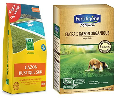 BHS GRSP4 Gazon Rustique Sud 5 kg | Soit 200 m² | Semences Enrichies en Engrais Organique pour Une Implantation Rapide Et Homogène, Fabriqué en France & NATUREN Engrais Gazon Organique 100m² 2,5kg