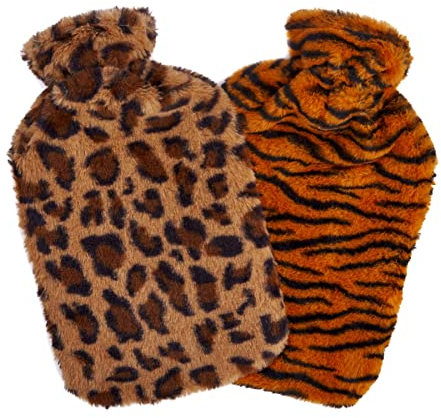 2 x Hot Water Bottles with Soft Faur Fur Fleece Cover - Natural Rubber 2 Litre Capacity - (Leopard/Tiger Skin Designs)