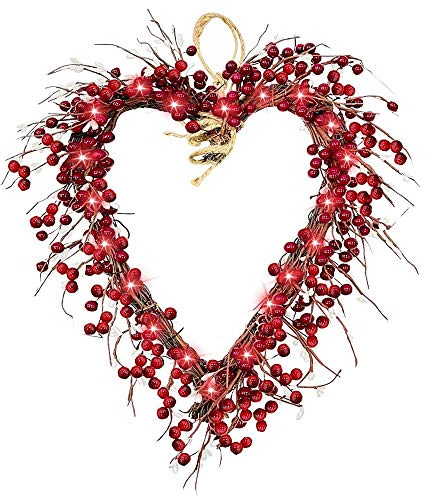16in Pre Lit Valentines Day Wreath for Front Door, Light up Heart Shape Wreath with Red Berries Valentine Garland Battery Operated for Wall Window Door Decoration Gifts (Warn White)
