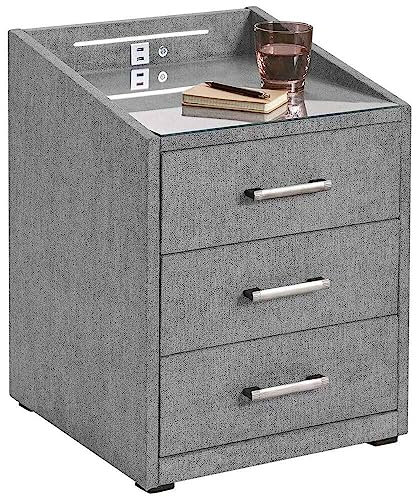 Lomadox Nachttisch 3 zügig mit Beleuchtung und USB-Ladeanschluss, in Dark Grey