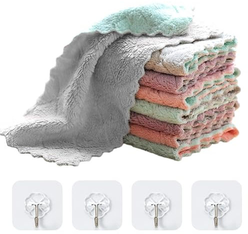 8 chiffons de nettoyage en polaire corail et 4 crochets transparents, torchons à vaisselle, chiffons absorbants sans huile, éponges à récurer, chiffons de nettoyage super absorbants en polaire corail,