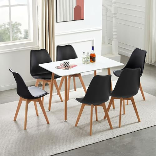 H.J WeDoo Esstisch mit 6 Stühlen, Rechteckiger Esstisch 110 cm, Geeignet für Esszimmer, Küche, Wohnzimmer | Weißer Tisch+Schwarze Stühle