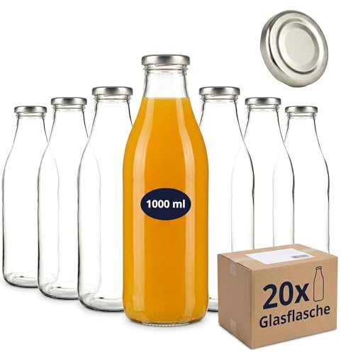gouveo 20er Set Glasflasche für Saft mit 24 Schraubdeckeln in silberfarben und weiss - Saftflasche 1000 ml - Leere Flaschen für Saft, Limonade, Milch (SF1000SW)