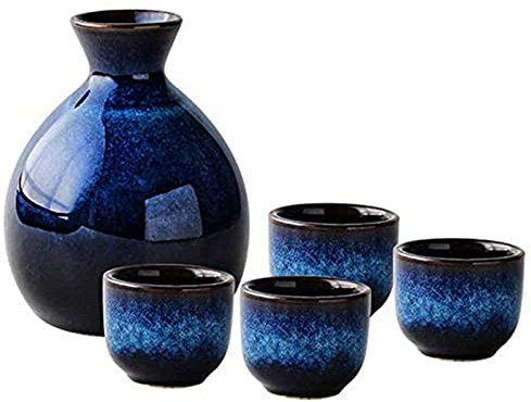 OUSIKA Juego de Vino de Horno a cerámica, Horno a Azul, Copa de Vino Retro, Ideal for Utensilios de Vino domésticos, trae Cuatro Copas de Vino, Juego de 5 Piezas Tazas