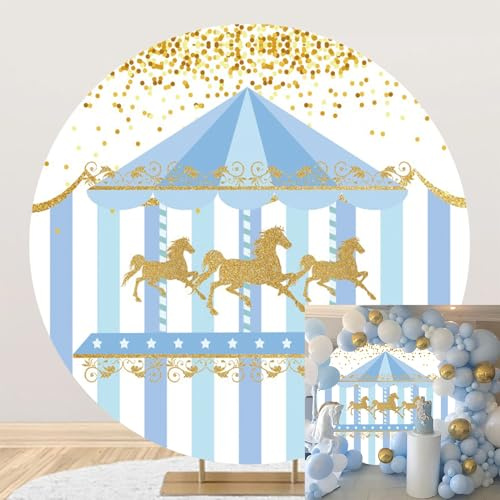 MIRRORANG Diametro 1m Sfondi rotondi a tema circo blu cavallo d'oro parco dei divertimenti carosello sfondi fotografici supporti per feste di compleanno per ragazzi e ragazze, Poliestere
