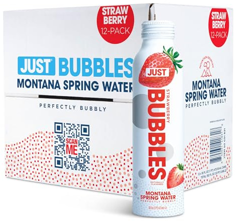 JUST Bubbles Strawberry- Pure Premium Sparkling Spring Water in a Fully Recyclable Reusable Eco-Friendly Bottle - 100% Mountain-Sourced Carbonated Water with Naturally Occurring Minerals, 16 Fl Oz