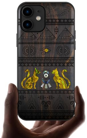 Carveit Étui pour iPhone 11 Coque [Gravure en Bois et Incrustation de Coquille] Cover Compatible avec Apple 11 Luxe et Case Etui Bois (Bois Sombre-Les Symboles de l'Égypte)