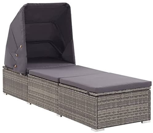 Hommdiy Sonnenliege mit Sonnenschutz Auflagen Gartenliege Strandliege Relaxliege Saunaliege Gartenmöbel Liege Liegestuhl Poly Rattan Grau